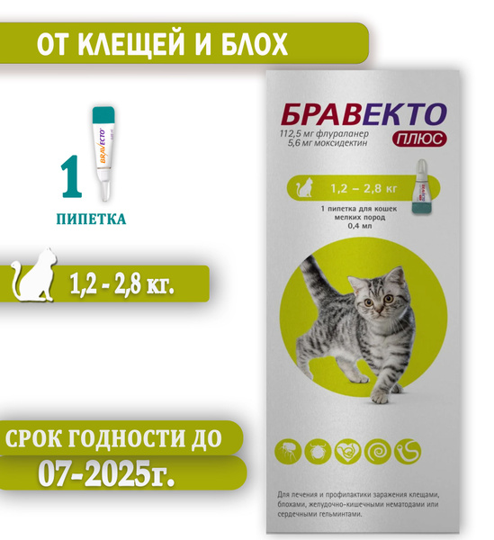 Бравекто капли для кошек 1,2-2,8 кг Bravecto от блох и клещей, 112,5 мг ...