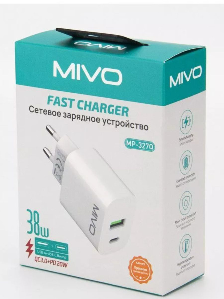 Сетевое зарядное устройство MIVO MP-327Q, 38 Вт, USB Type-C, USB 3.0 ...