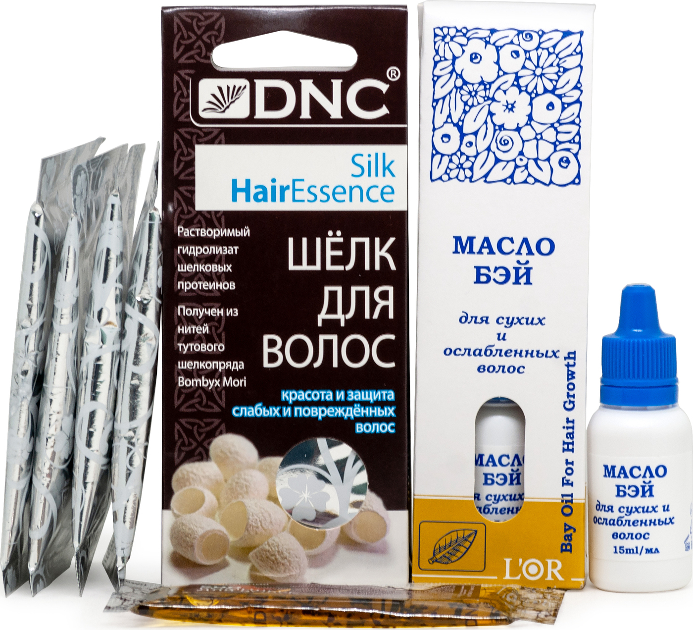 Набор: DNC Шелк для волос 4 шт по 10 мл; Масло Бэй L'Or, 15 мл и Подарок Масло для волос 15 мл - изображение