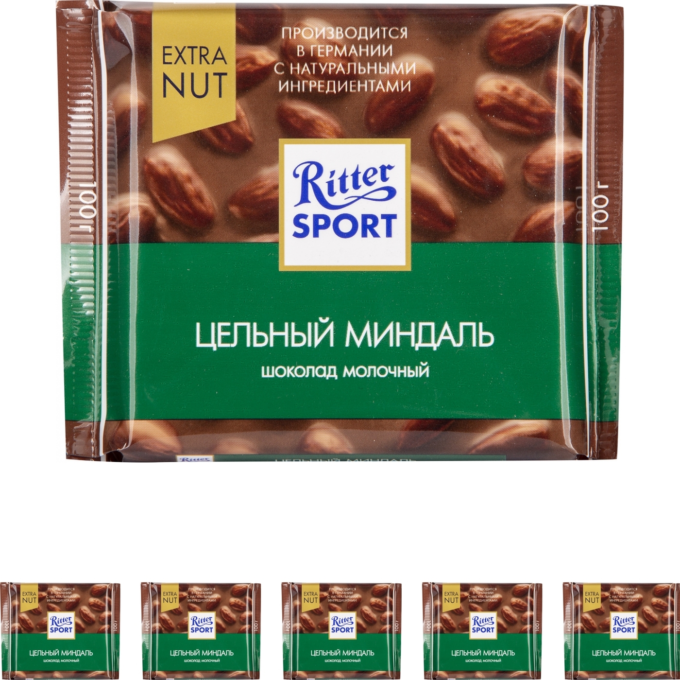 Шоколад молочный Риттер Спорт Extra Nut с цельным миндалем 100 г ...