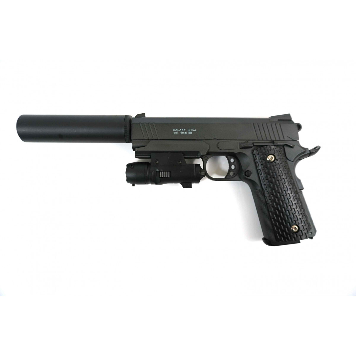 Страйкбольный пистолет Galaxy G.25A (Colt 1911 Rail) с ЛЦУ и глушителем