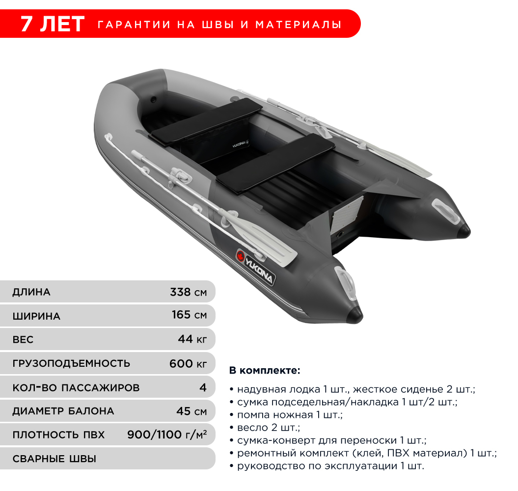 ЛодкаПВХподмоторYukona340НДНДнадувнаядлярыбалки,сераякомбинированная
