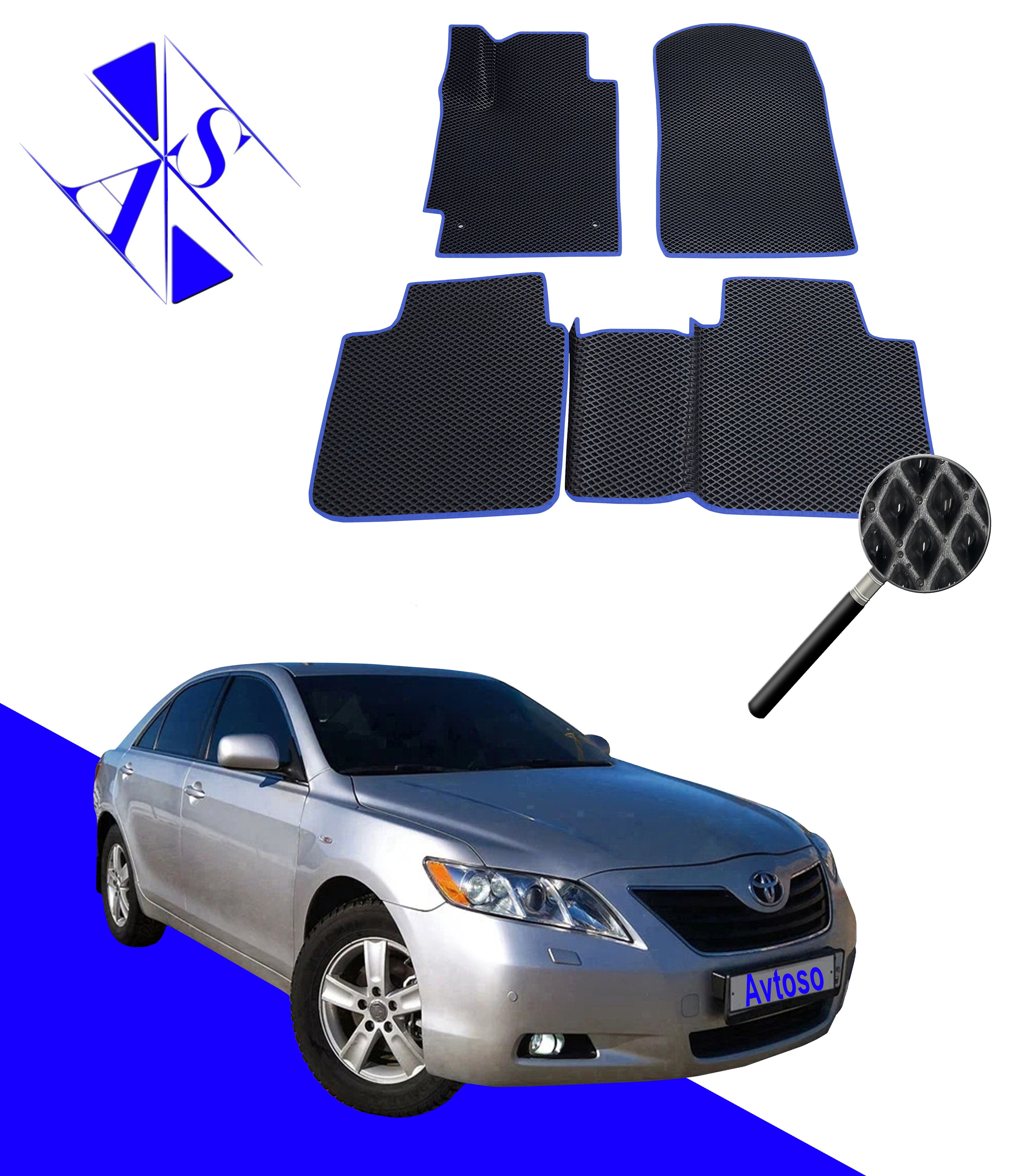 Коврики в салон автомобиля Avtoso Toyota Camry 6 (VI) XV40 / Тойота Камри 6  (VI) XV40 / 2006-2011_Обычный комплект, цвет синий, черный - купить по  выгодной цене в интернет-магазине OZON (585253600)