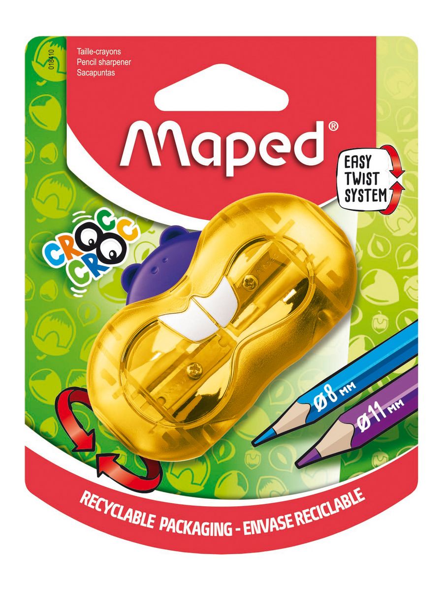 Точилка MAPED CROC CROC TWIST, 2 отверстия, интерактивная, полупрозрачная, желтый