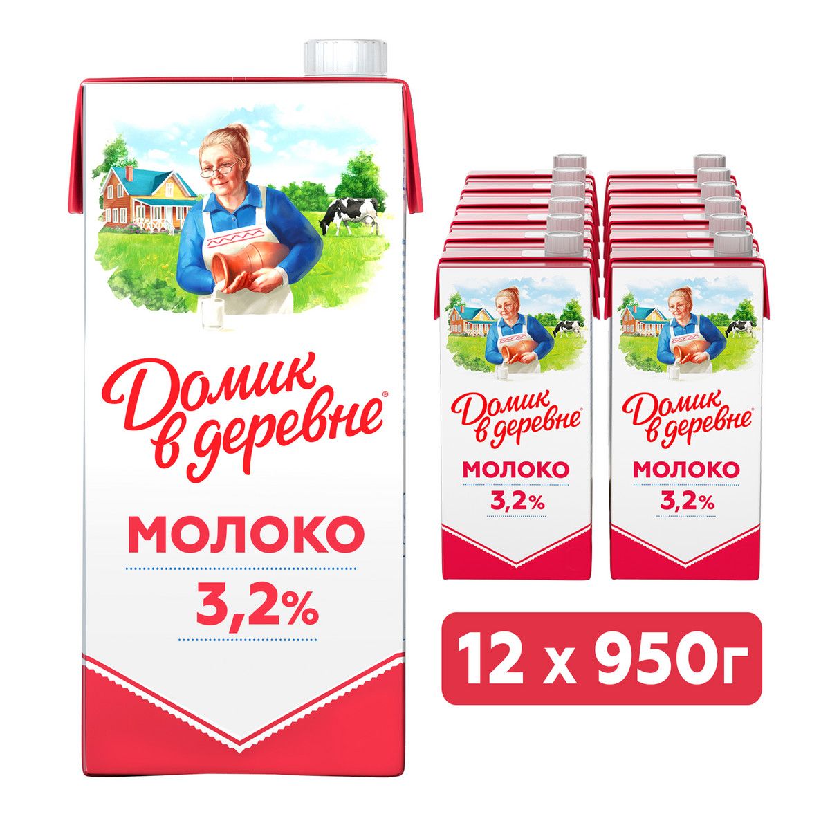 Молоко питьевое ультрапастеризованное Домик в деревне 3.2% 950г, упаковка  12 шт