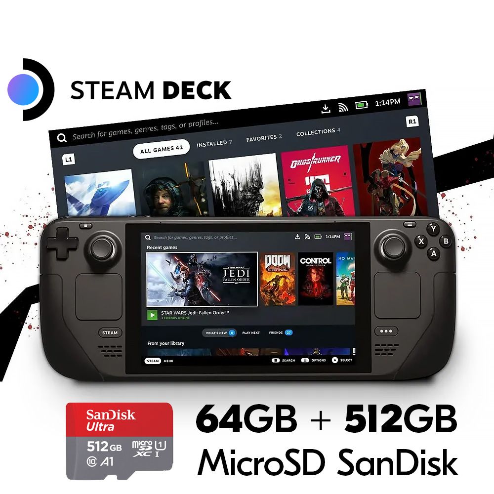 Портативная игровая консоль Valve Steam Deck 64GB + карта памяти SanDisk  Ultra U1 C10 microSDXC UHS-I Card 512GB (комплект)