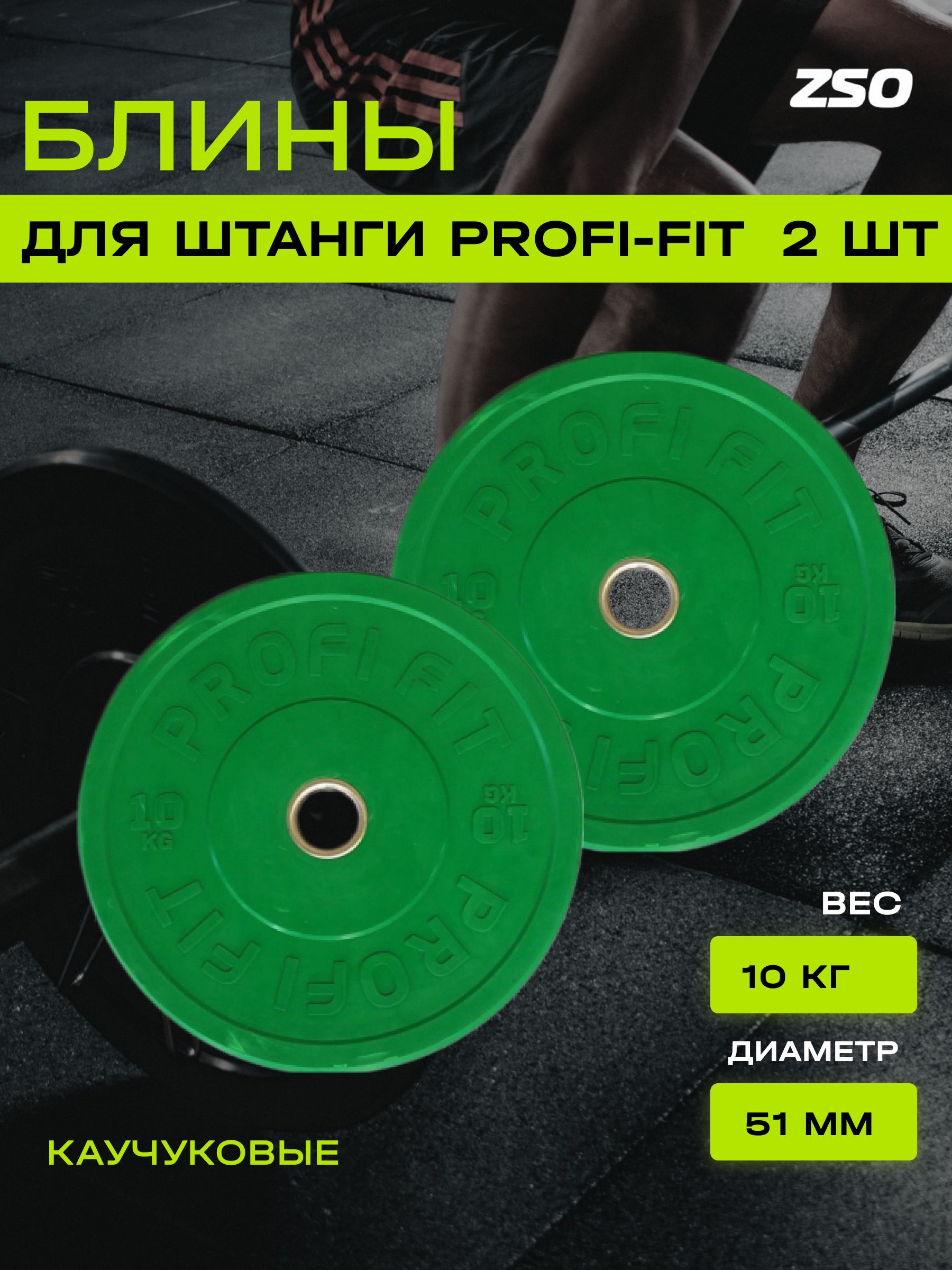 Дискидляштангикаучуковые,цветные,PROFI-FITD-51(10кг,зеленый),2шт.