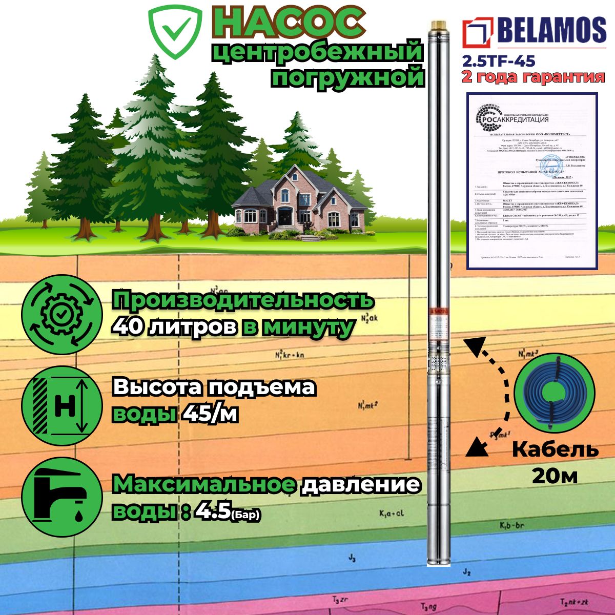 Скважинный насос Belamos 2.5TF-45/2,5 (диаметр 65 мм, кабель 20 м) - купить  по выгодной цене в интернет-магазине OZON (851084323)