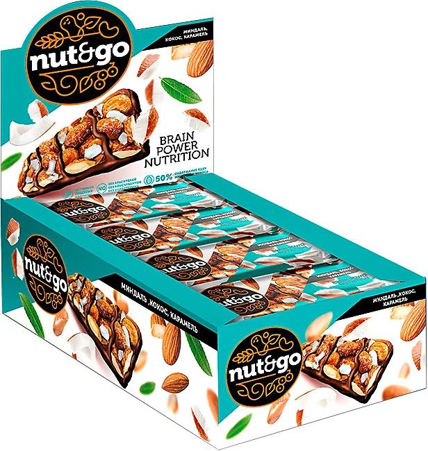 Nut&Go, батончик с миндалём, кокосом, карамелью, упаковка, 18 штук по 36 грамм