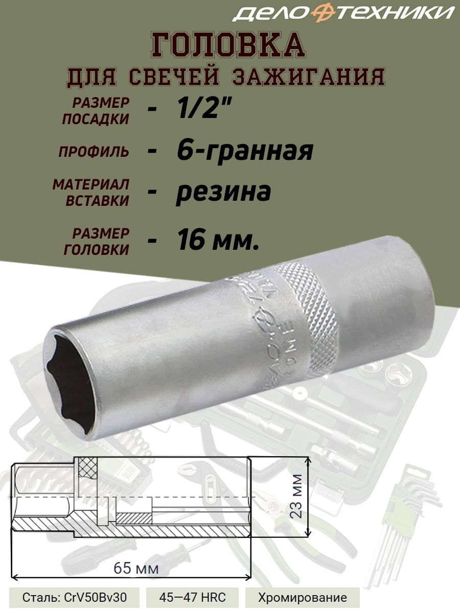 ГоловкаДелоТехники,свечная,16мм.,1/2,6-тигранная,срезиновойвставкой