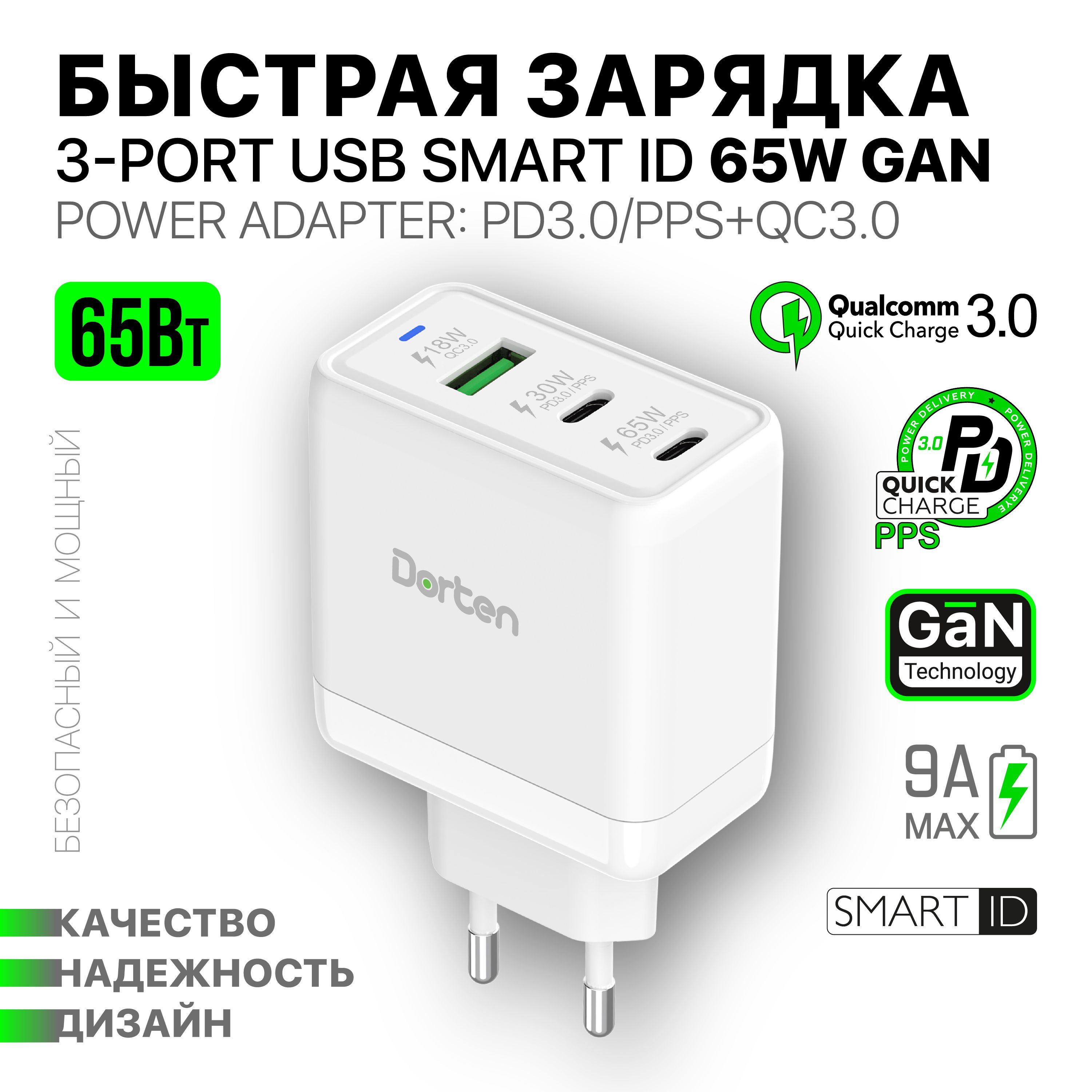 Сетевое зарядное устройство DORTEN Smart ID 65W GaN, 65 Вт, USB 3.0 Type-A,  USB Type-C, GaN, Fast Charge 2.0 - купить по выгодной цене в  интернет-магазине OZON (902351008)