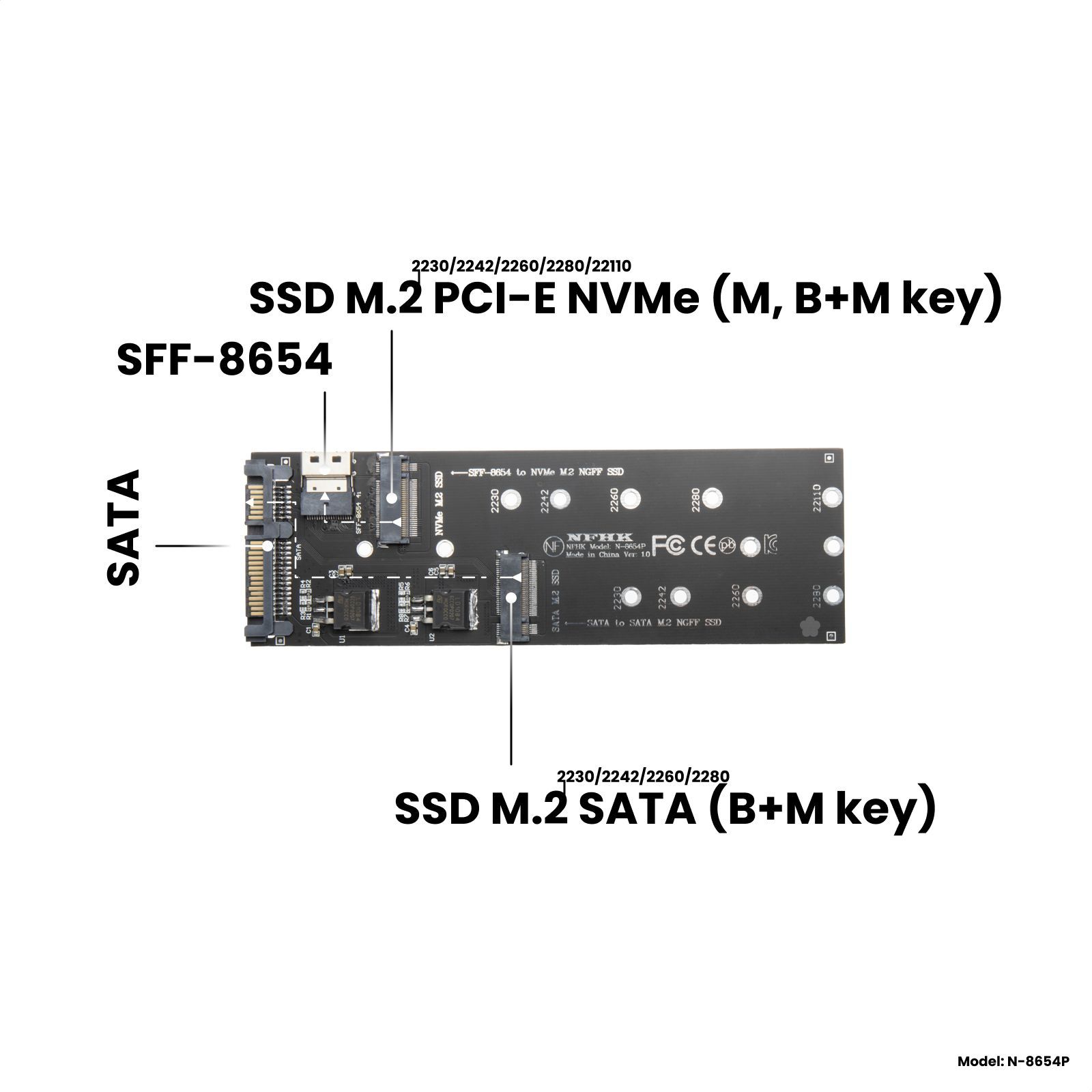 Адаптер-переходник(платарасширения)дляSSDM.2SATA(B+Mkey)вразъемSATA/M.2PCI-ENVMe(M,B+Mkey)вразъемSFF-8654,NFHKN-8654P