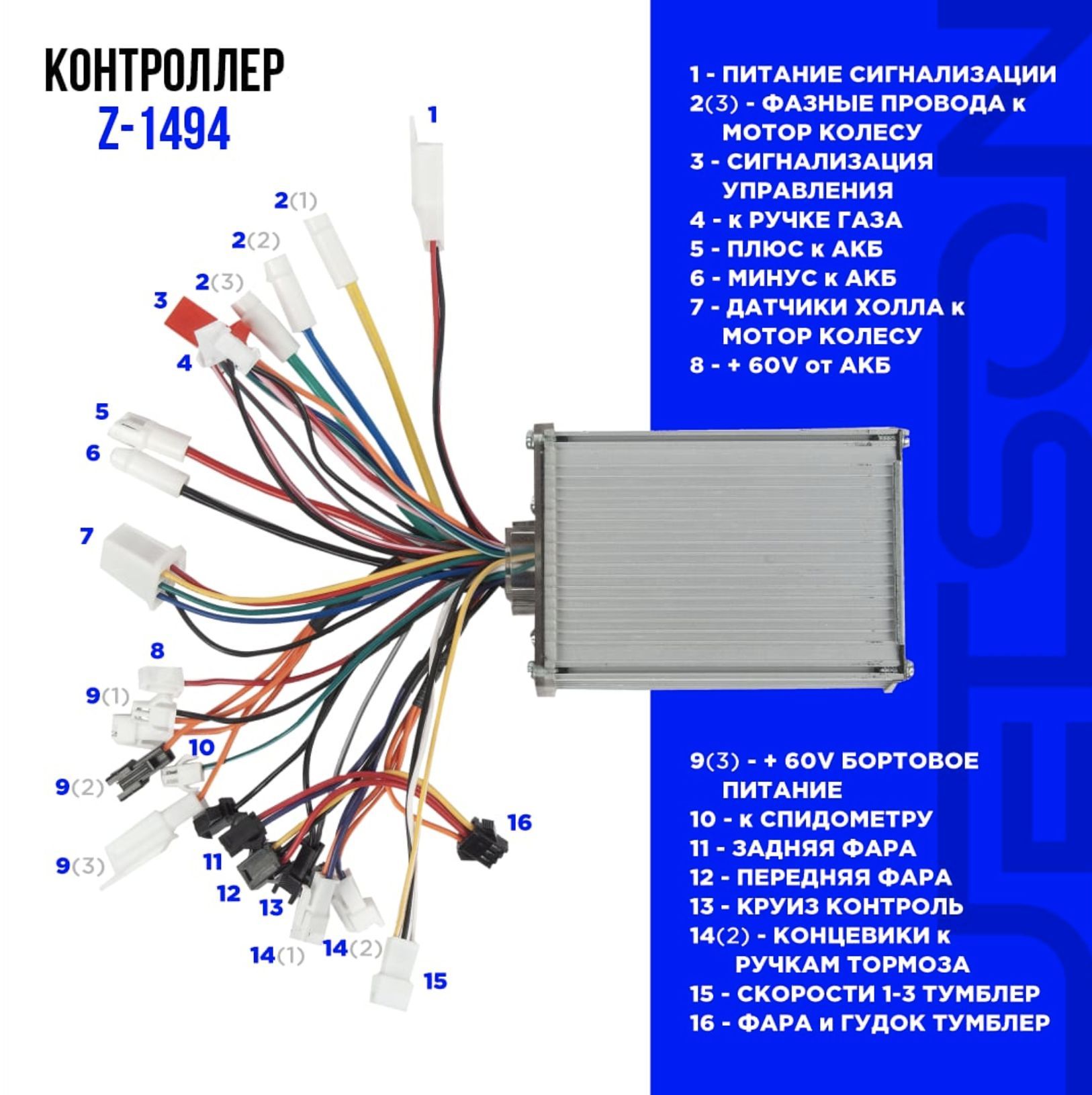 Контроллер 350-500W 60V (48V+) 19A для всех видов электросамокатов,  электровелосипедов (колхозник)