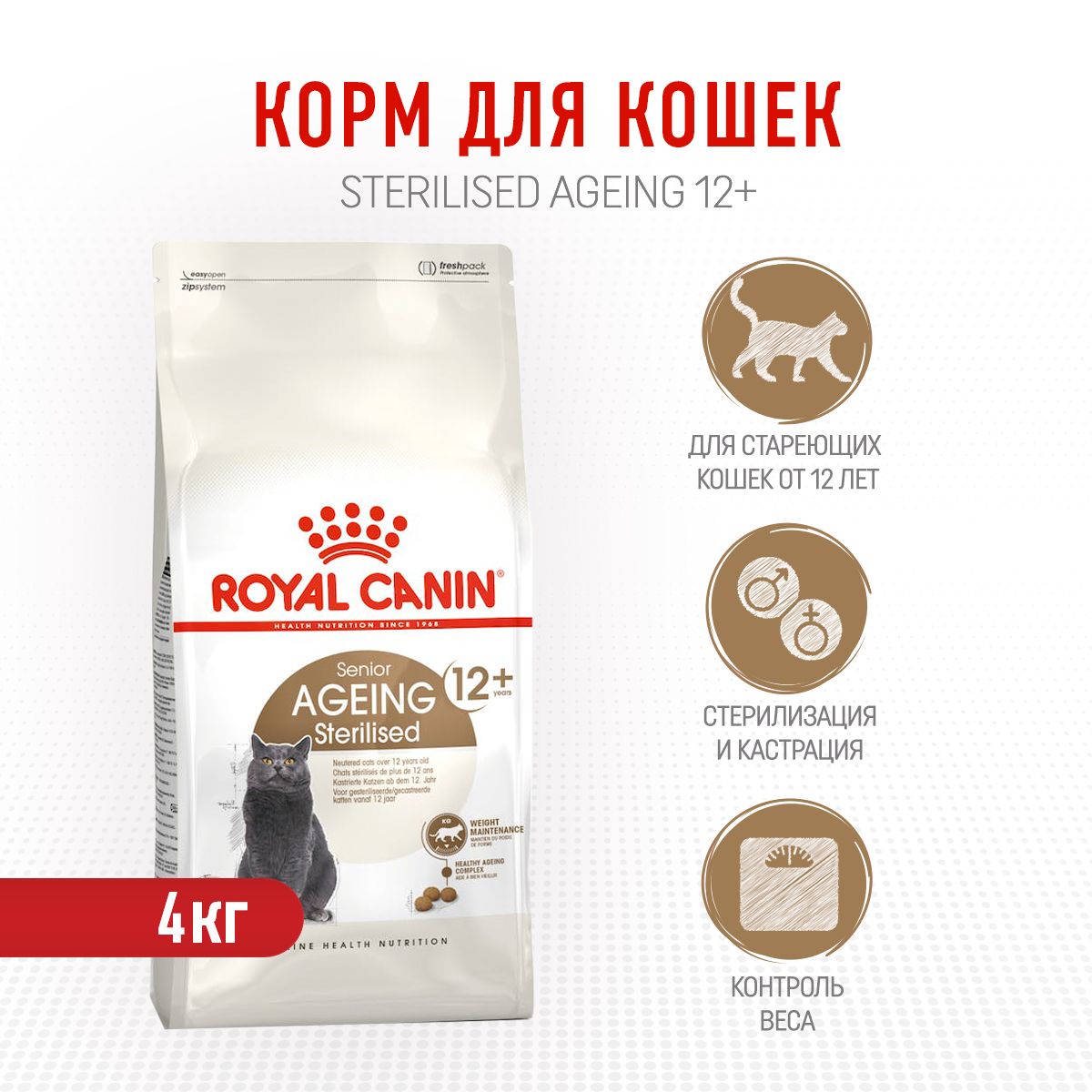 RoyalCaninAgeingSterilised12+сухойкормдляпожилыхстерилизованныхкошекстарше12летсптицей-4кг