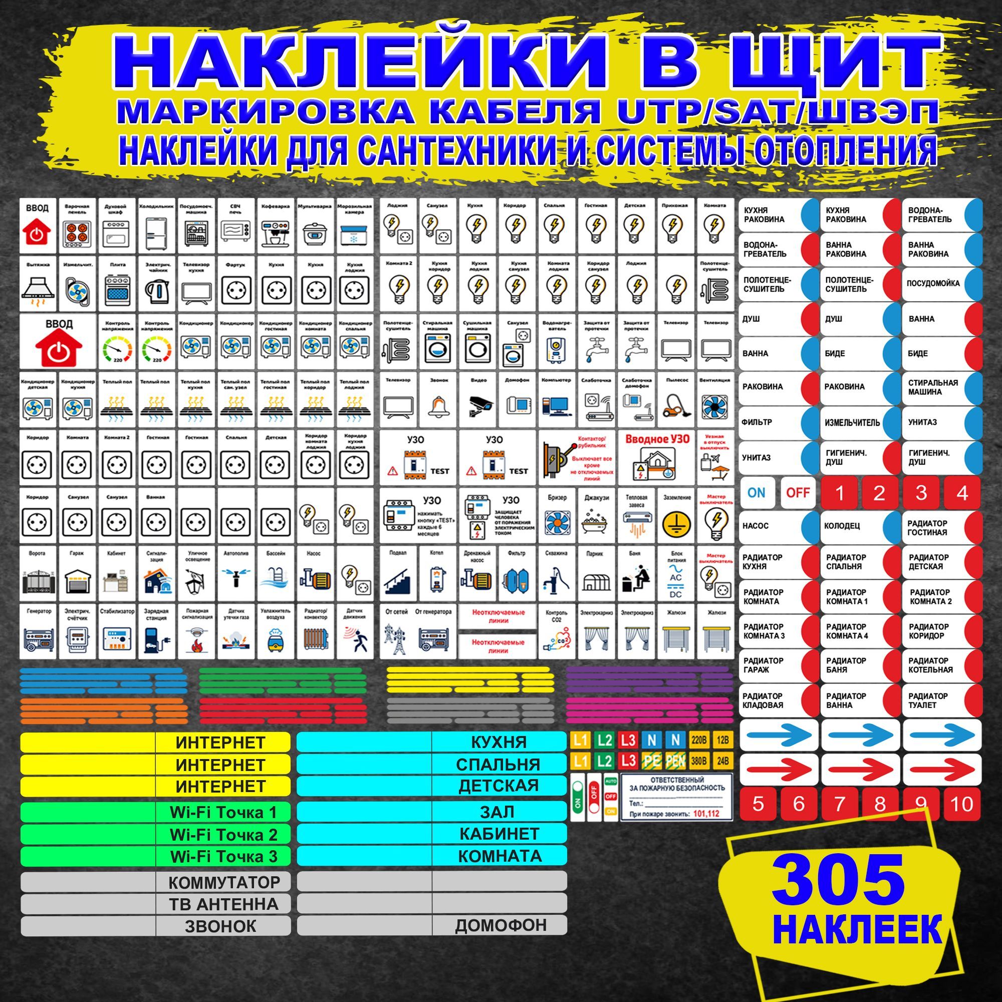 Наклейкидлямаркировкиэлектрическихавтоматов,отопленияиводоснабжения,длякабелейинтернета