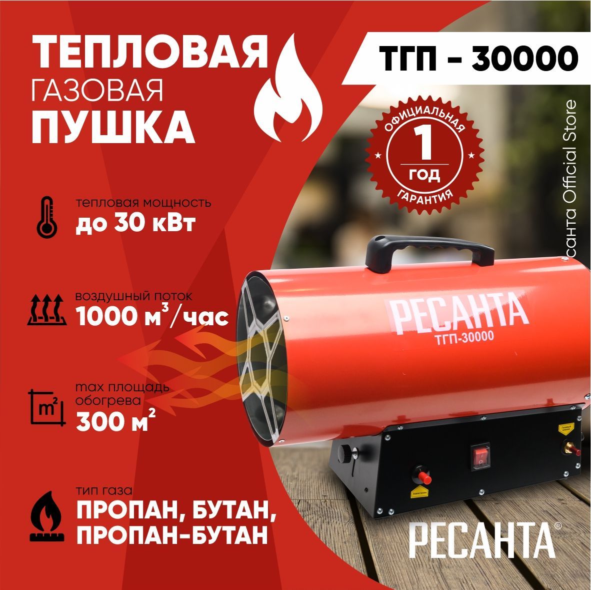 Тепловая газовая пушка ТГП-30000 Ресанта / 1000 м3/ч, мощность 30 кВт /  тепловентилятор / обогреватель для отопления дома