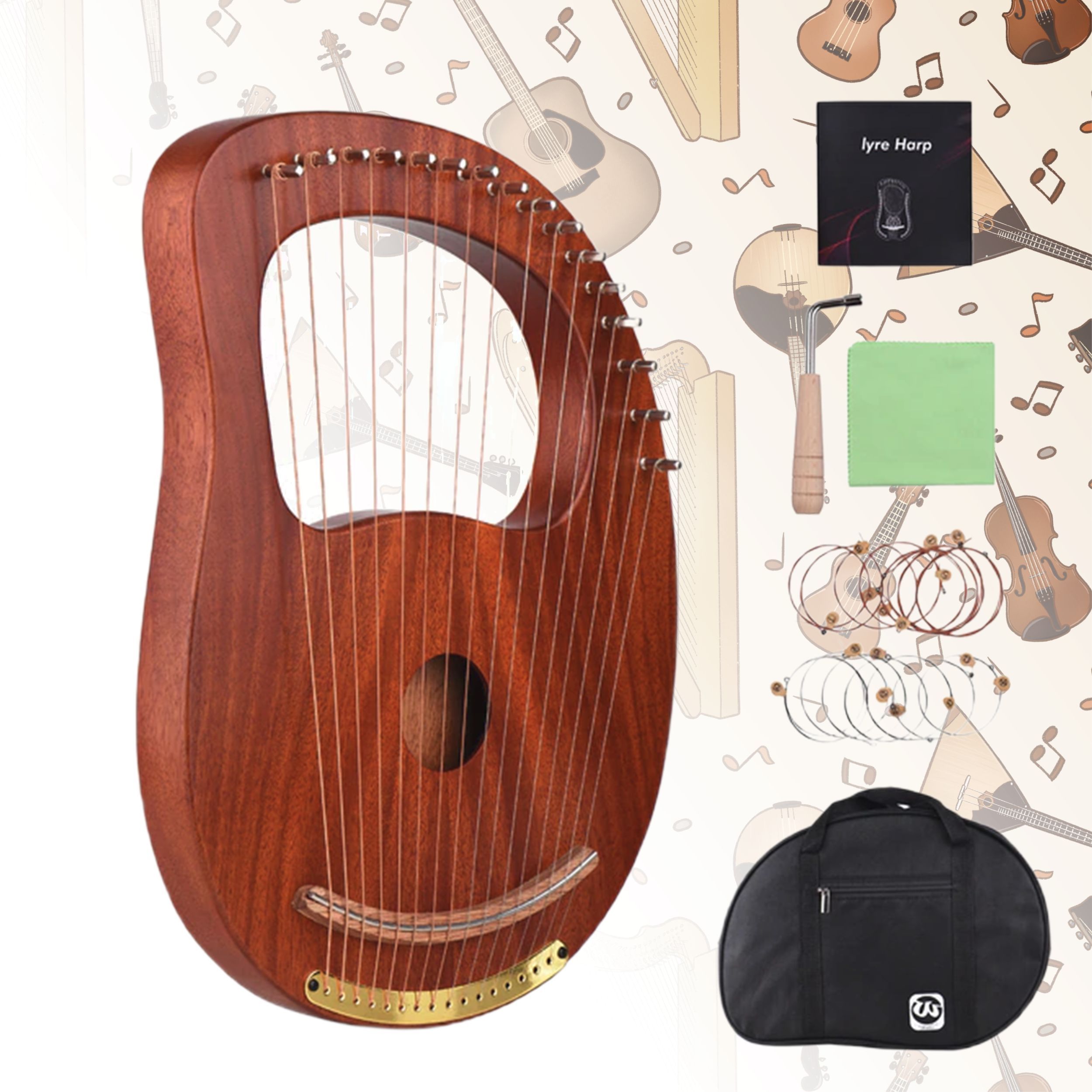 Струнно деревянные инструменты. Арфа 16 струн. lyre wh-16eq. деревянные струны. деревяшка со струнами.