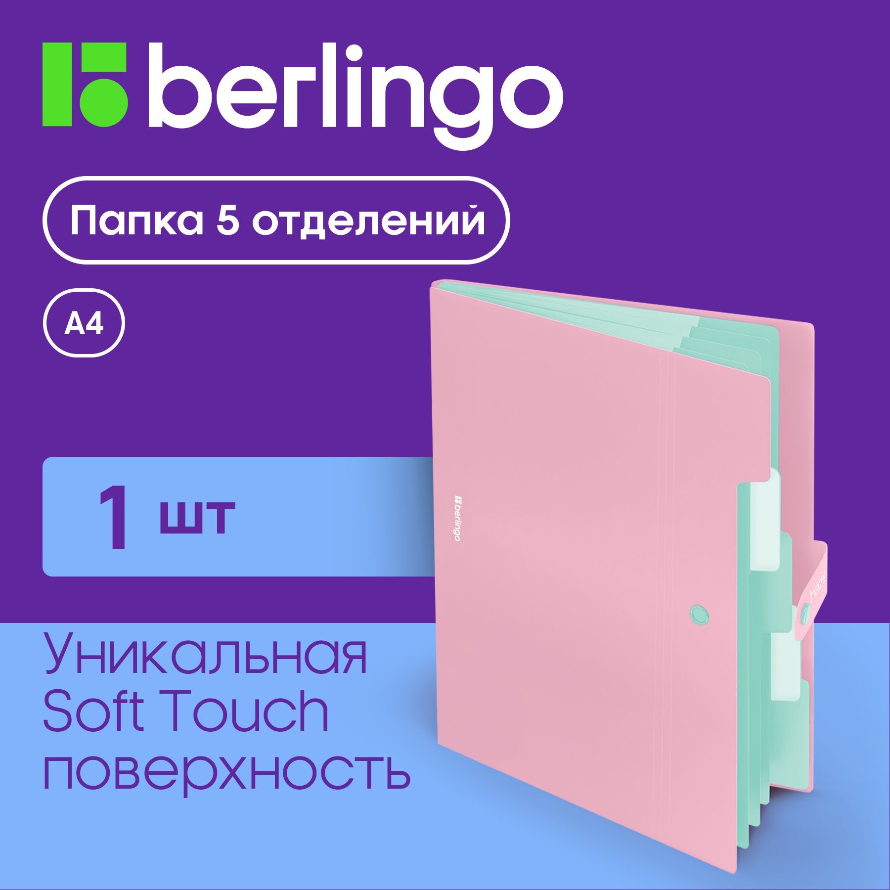 Папка органайзер для документов Berlingo Haze, 5 отделений, семейная, А4, на кнопке, розовая, софт-тач