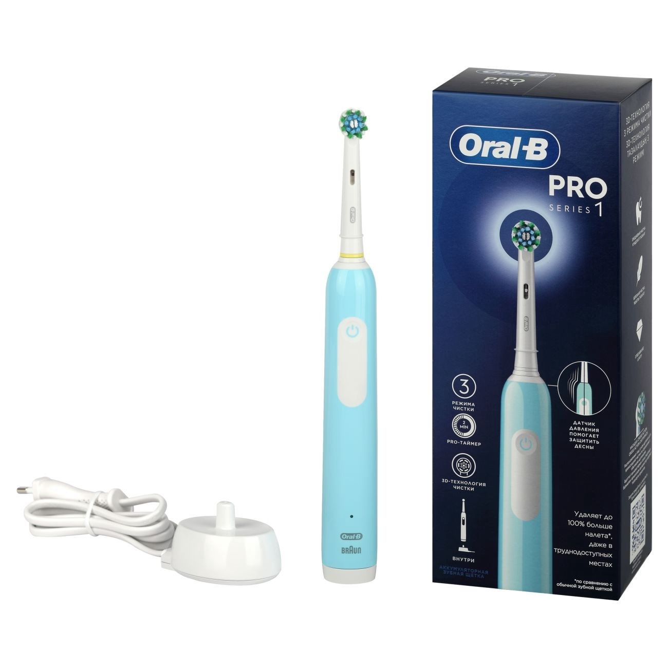 Электрическая зубная щетка Oral-B Pro 1/D305.513.3, 3 режима, датчик  давления, таймер завершения чистки, бирюзовый