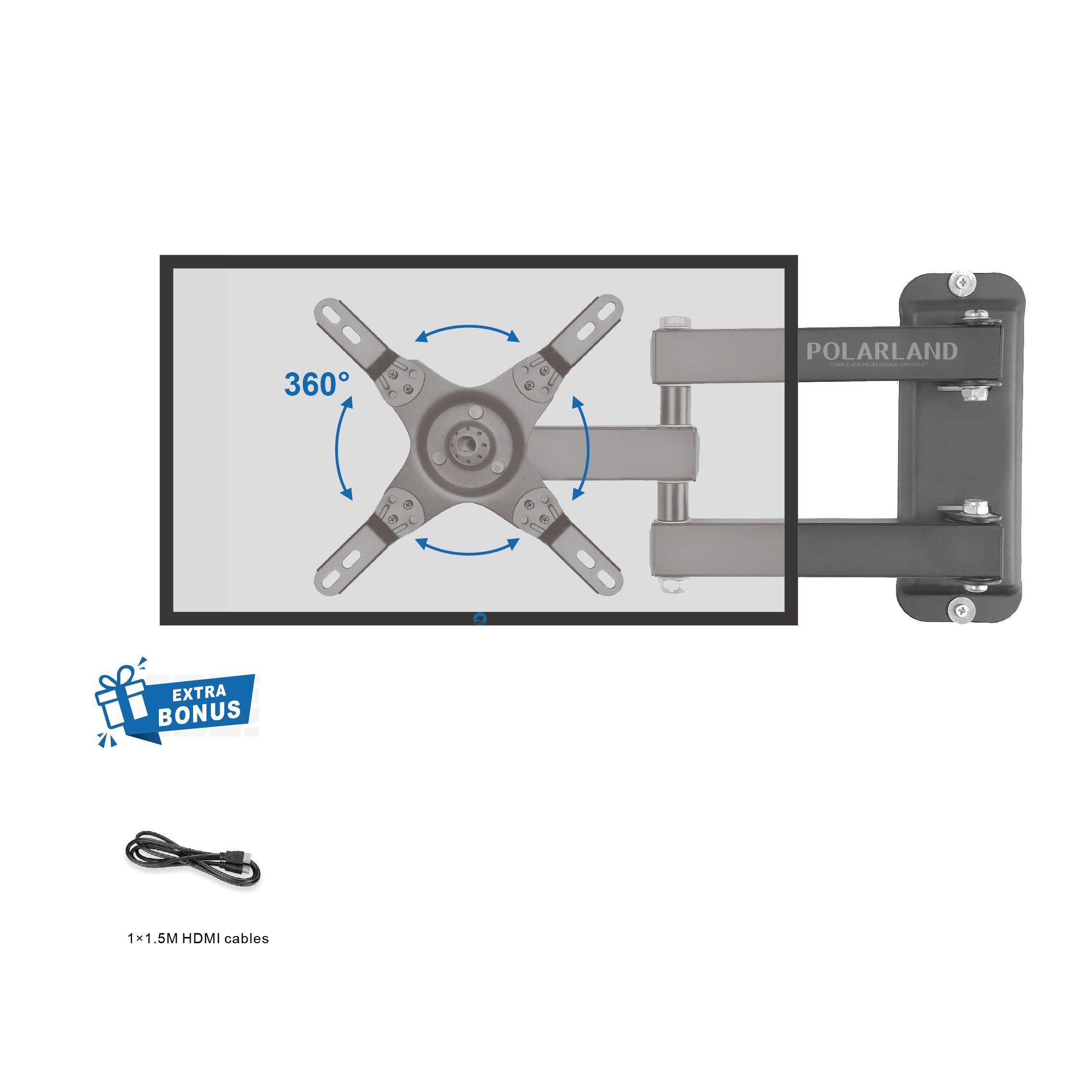 POLARLANDНастенныйкронштейндлятелевизораимонитора10"-50"снаклономиповоротом,черныйPFM43до20кг,КронштейндлятелевизораС1свободнымкабелемHDMI