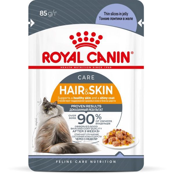 Корм для кошек Royal Canin 85г Hair and skin для поддержания здоровья кожи и красоты шерсти тонкие ломтики в желе, 12 шт * 85гр