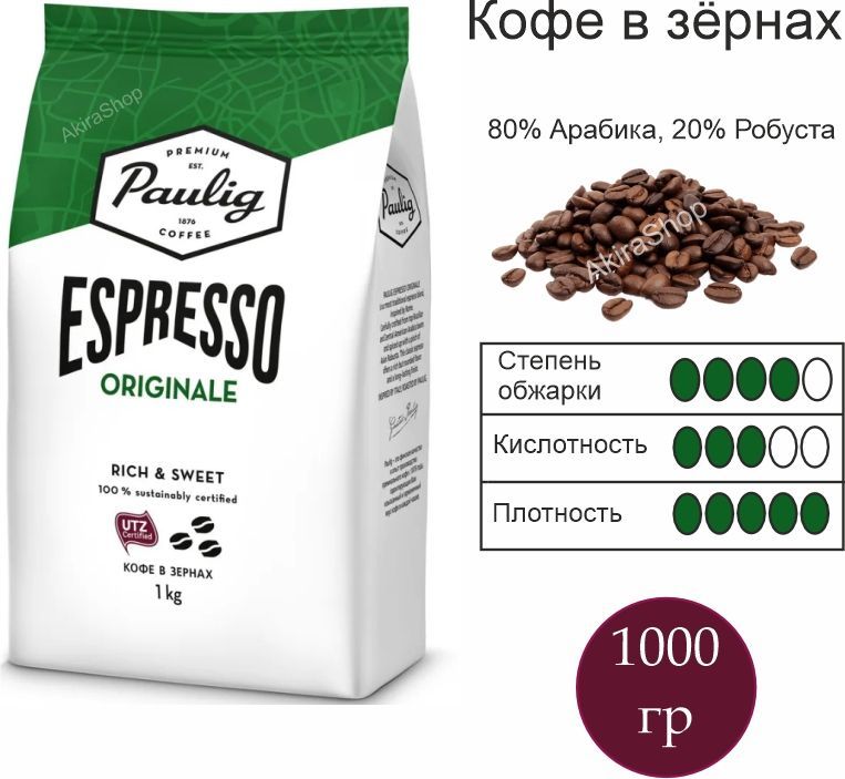 Кофе в зернах Paulig Espresso Originale, арабика, робуста, 1 кг Финляндия