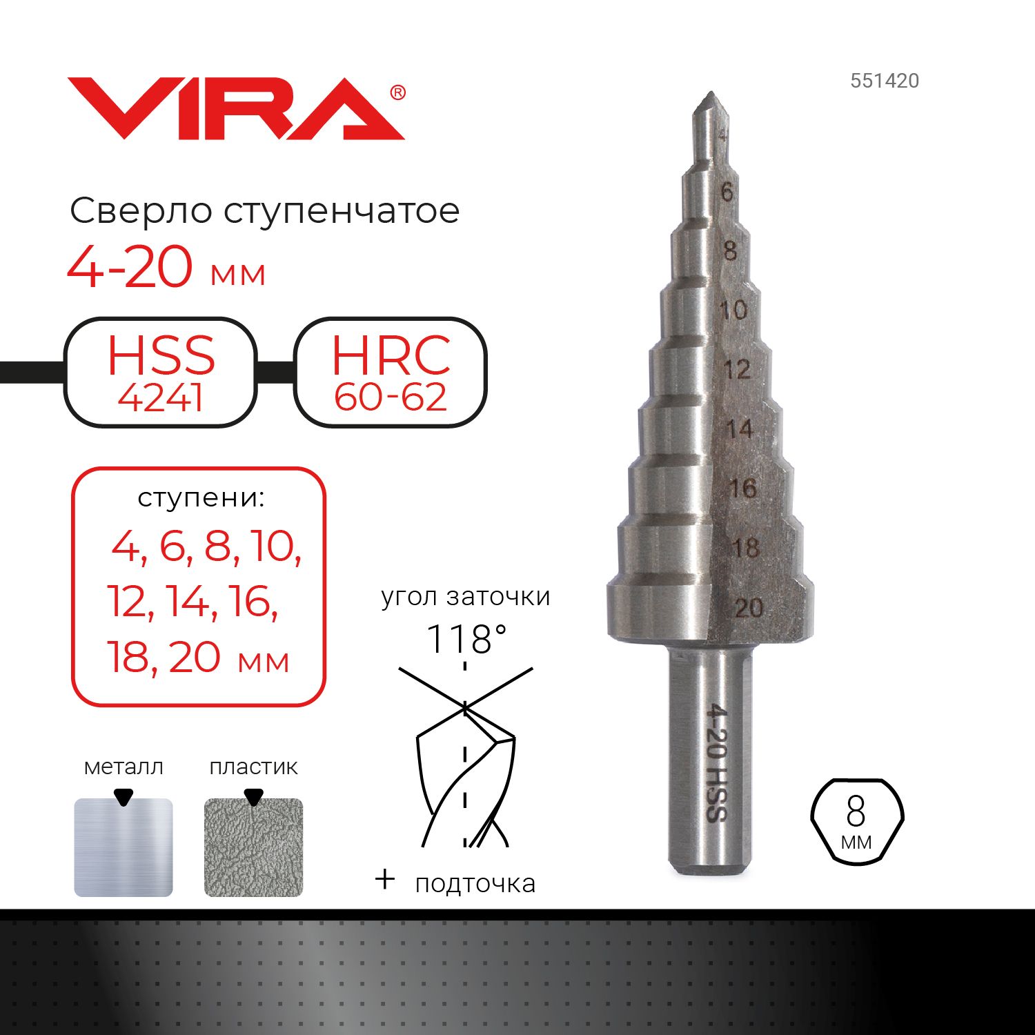 Сверло ступенчатое по металлу с трехгранным хвостовиком 4-20 мм VIRA