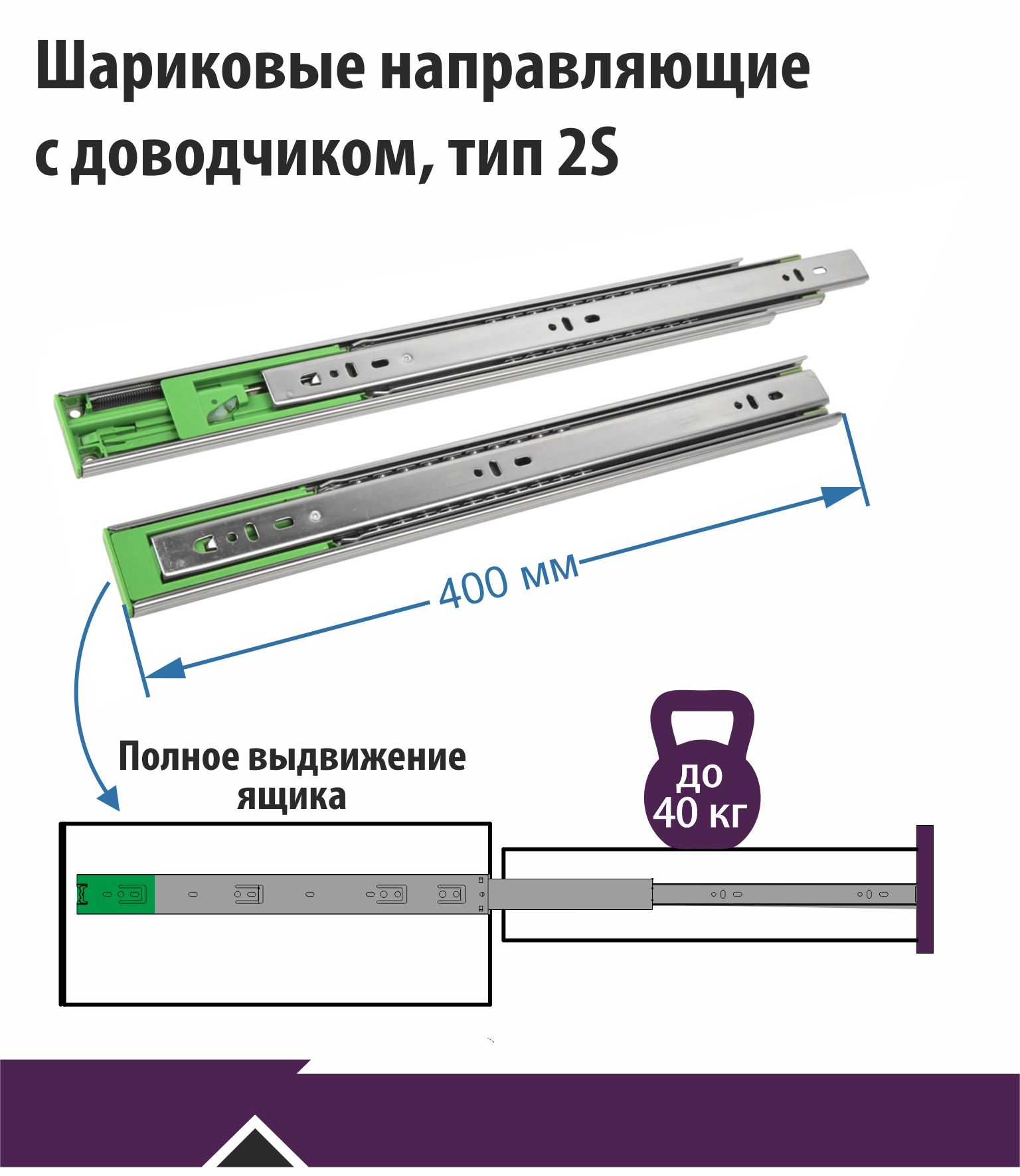 Направляющиеполноговыдвижениясдоводчиком,Тип2S,400мм