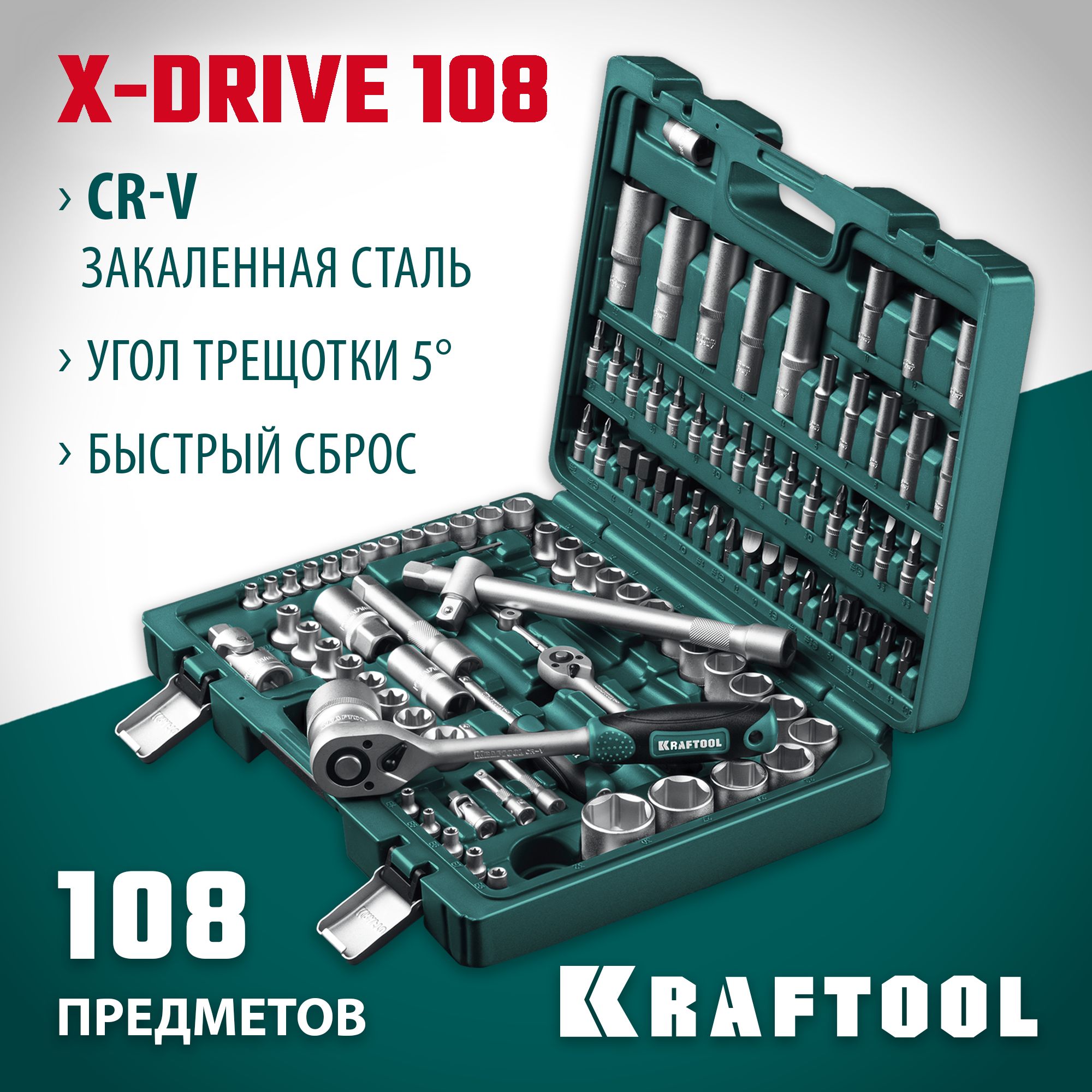 УниверсальныйнаборинструментаKRAFTOOL108предметов(1/2"+3/8"+1/4")вкейсе