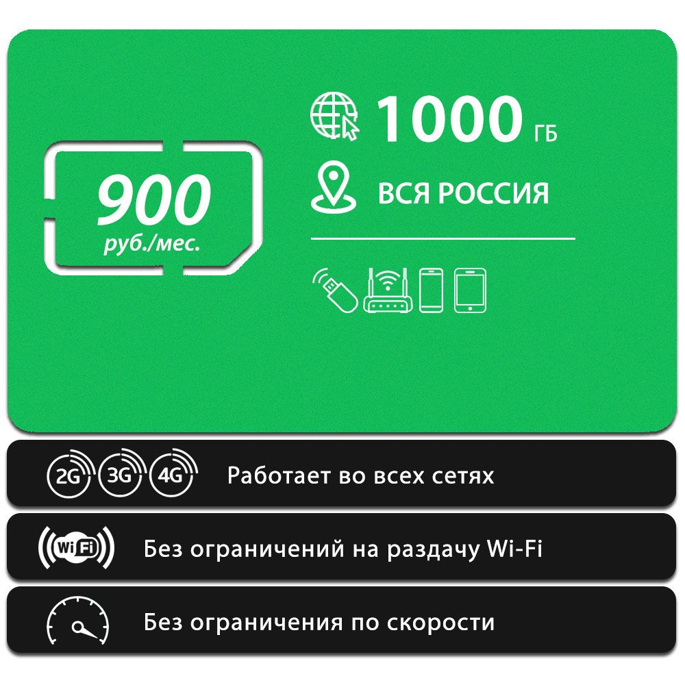 SIM-карта Безлимитный интернет - 1000 Гб за 900 руб./мес. 4G, LTE для  смартфона, планшета, модема и роутера (Вся Россия) - купить с доставкой по  выгодным ценам в интернет-магазине OZON (856019876)