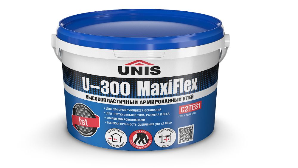 Плиточный клей UNIS U-300 MAXIFLEX эластичный армированный в ведре, 5кг