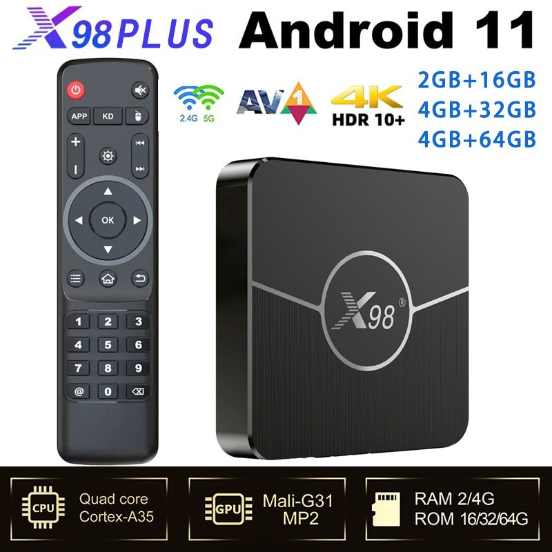 ПриставкаX98Plus,Android11.0,AmlogicS905W2,4G64GAV1BT,2.4G5GWi-Fi4KHDRмедиаплеер