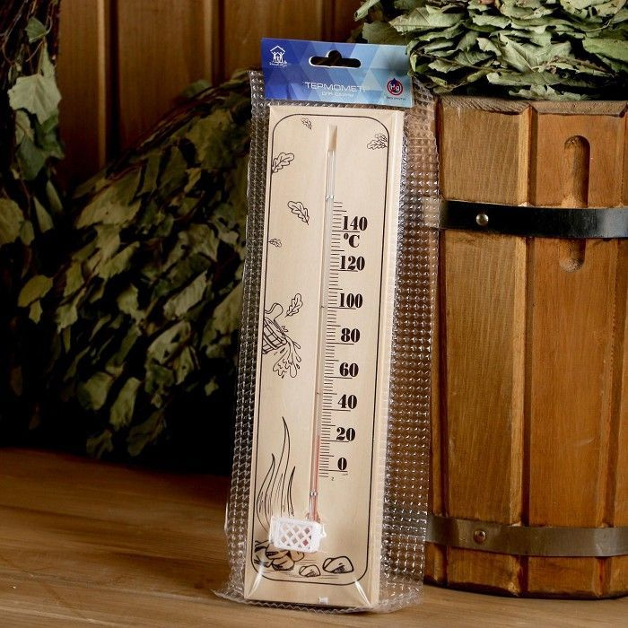 Термометр для бани и сауны деревянный "Шайка с веником", до 150градусов, 30*8 см  #1
