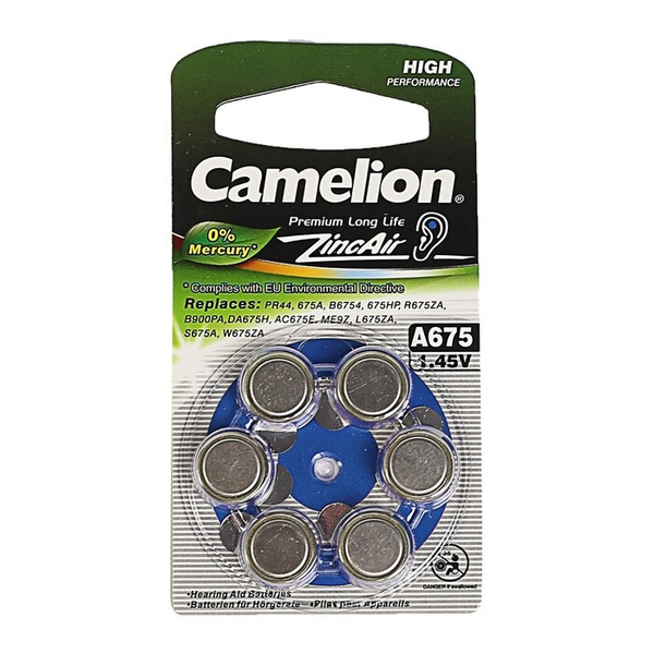Батарейка цинковая Camelion, A675 (PR44)-6BL, для слуховых аппаратов, 1 ...