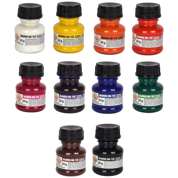 Тушь для рисования акриловая плакатная Koh-I-Noor, 20гр, 10цв., флакон ...