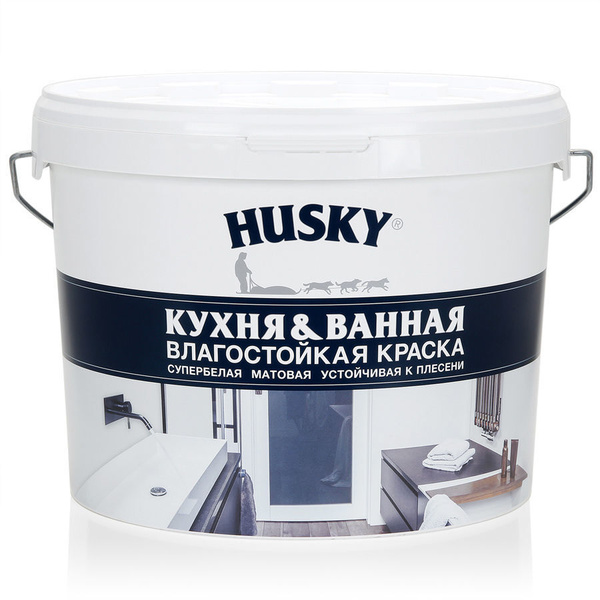 Краска HUSKY Кухня-Ванна Гладкая, Акриловая, Матовое покрытие, белый ...