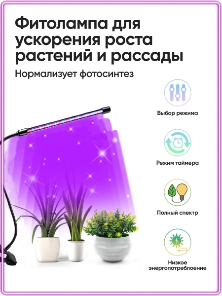 Фитолампа для растений на прищепке, 1 светильник, фитосветильник ...