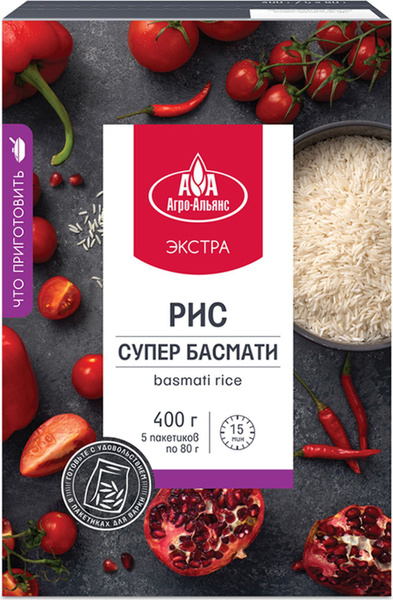 Рис Агро-Альянс Экстра, Супер Басмати, в пакетиках для варки, 400 г, 5 ...