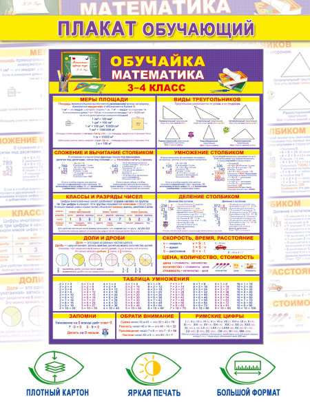 Плакат обучающий "Обучайка по математике. 3-4 класс", формат А2 ...