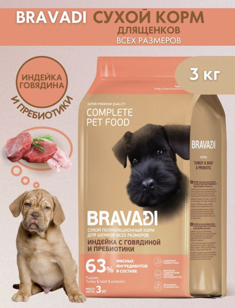 Сухой корм BRAVADI Индейка с говядиной и пребиотики для щенков всех ...