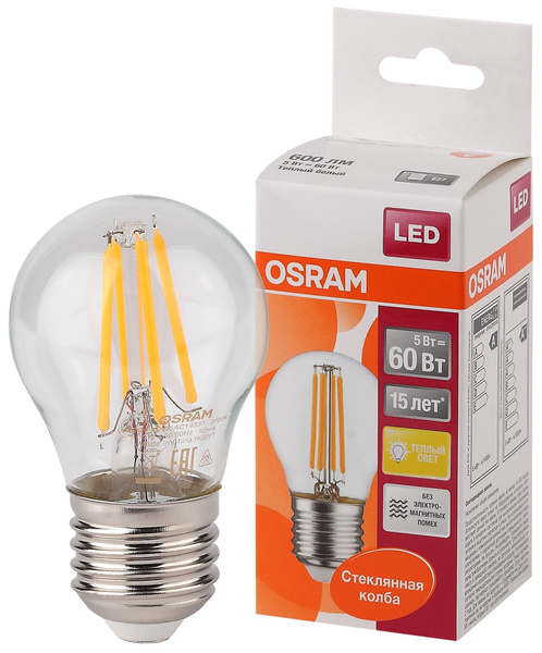 Филаментная, Светодиодная Лампочка OSRAM E27 Шар 600 Лм 2700 К - купить ...