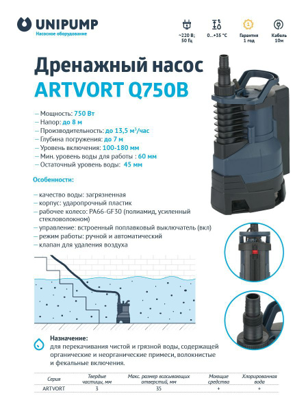 Дренажный насос погружной для бассейна воды дачи полива огорода ARTVORT ...