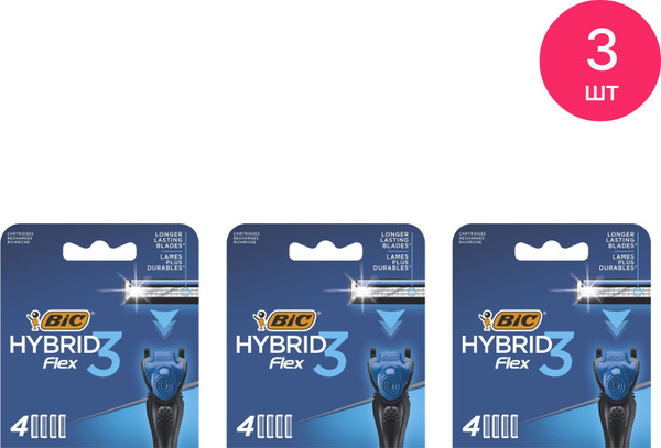 BIC / Бик HYBRID FLEX Сменные кассеты для мужской бритвы, 3 лезвия 4шт ...