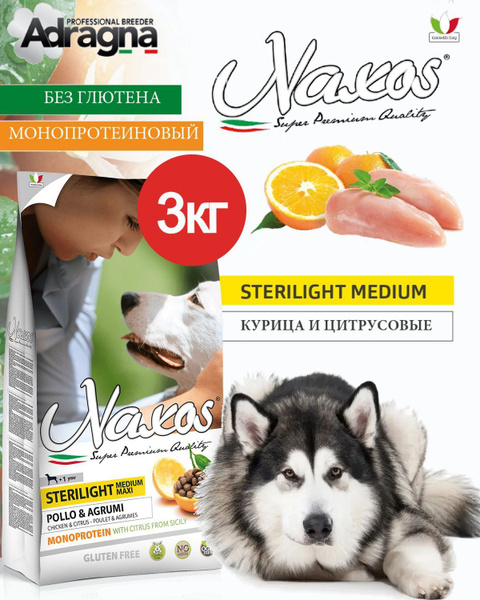 Naxos Adult Sterilized Medium/Maxi (3кг) с курицей и цитрусовыми. Сухой ...