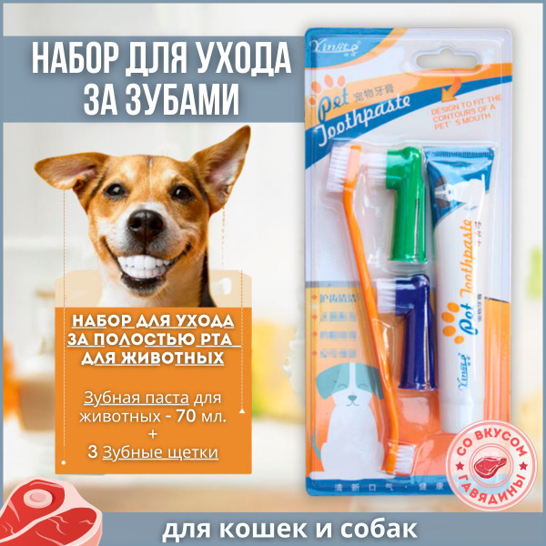 Набор для собак и кошек: зубная паста со вкусом говядины для животных ...