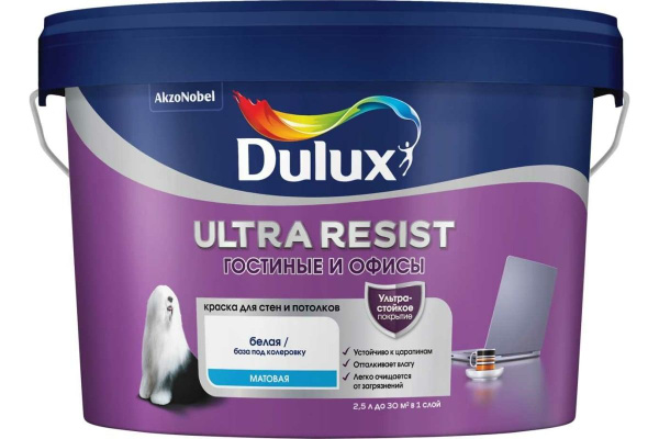 Характеристики DULUX Краска, Акриловая, Матовое покрытие, 2.5 кг, белый ...