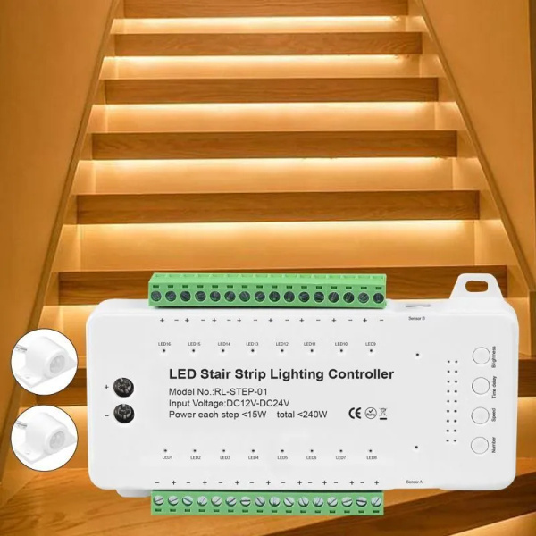 16 ступеней Led Stair Light Контроллер лестницы, с 2 датчиками движения ...