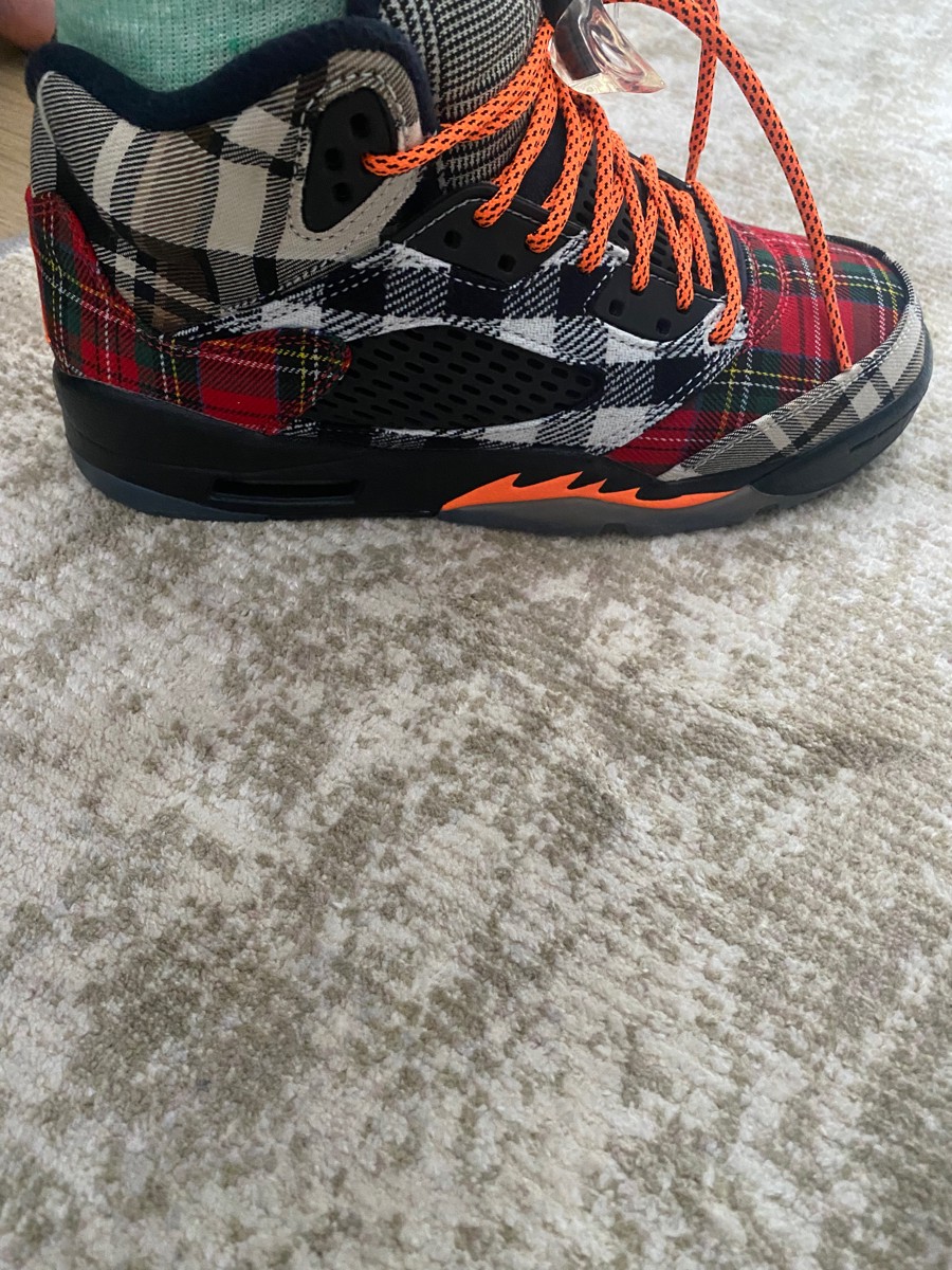 custom review-Jordan Air Джордан 5 'Клетчатый' Противоскользящие Высокие Детские Баскетбольные Кроссовки Черный Белый Красный