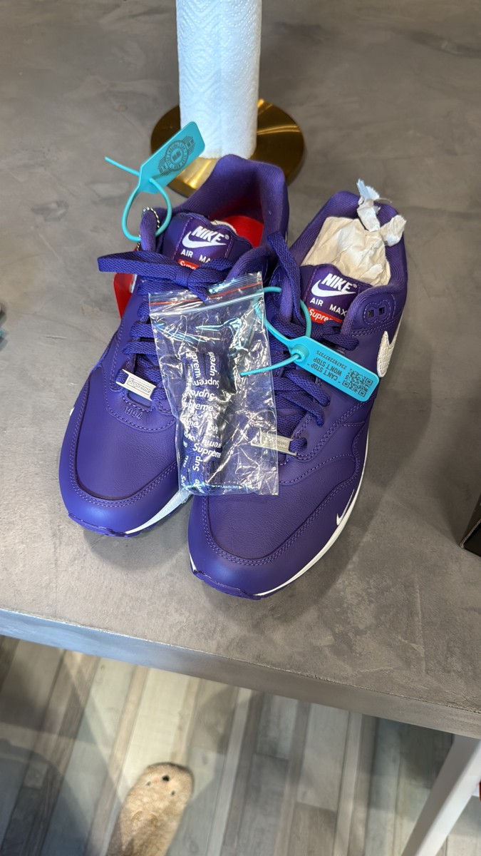 custom review-Supreme x Nike Air Max 1 Устойчивый к истиранию Низкий Топ Повседневные Беговые кроссовки Унисекс Белый Фиолетовый