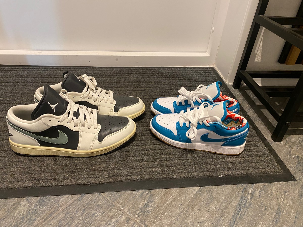 custom review-Jordan Air Jordan 1 Low SE Дышащий Низкий Топ Детские Баскетбольные Кроссовки Синий Белый